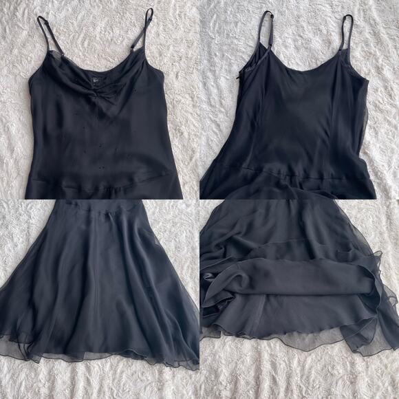 Bebe silk rhinestone beaded slip dress chiffon cocktail midi black ruched bust S - Picture 11 of 15